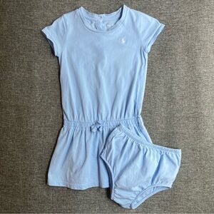 Ralph Lauren Baby Girl Pony Cotton Dress & Bloomer Set Elastic Waist Blue 24M
